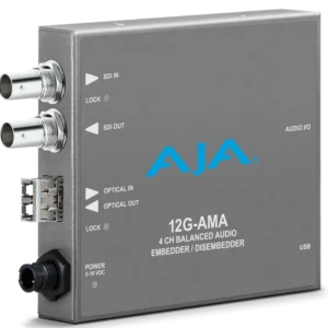 Procesador de audio profesional AJA 12G-AMA-R en chasis metálico gris, mostrando el receptor de fibra óptica tipo LC, los conectores BNC de entrada y salida de vídeo y el puerto USB de configuración.