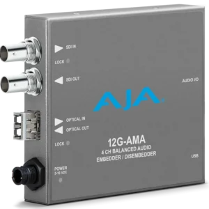 Procesador de audio profesional AJA 12G-AMA-TR en chasis gris metálico, mostrando los puertos de fibra óptica LC para entrada y salida simultánea, conectores BNC para vídeo digital y puerto USB de configuración.