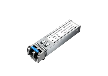 Módulo transceptor óptico SFP metálico de la marca Blackmagic Design para señales de doce gigabits, con palanca de liberación de seguridad en color azul y conectores internos para fibra óptica.