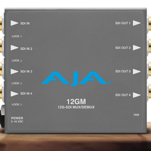 Procesador de vídeo profesional AJA 12GM en chasis gris metálico, mostrando ocho conectores BNC dorados (cuatro de entrada y cuatro de salida), indicadores LED de bloqueo para cada señal y puerto USB de configuración.