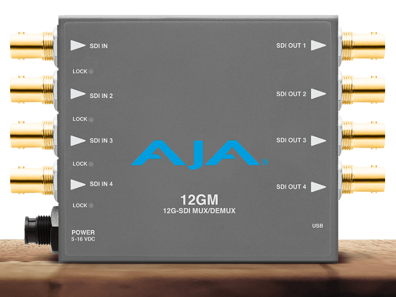 Procesador de vídeo profesional AJA 12GM en chasis gris metálico, mostrando ocho conectores BNC dorados (cuatro de entrada y cuatro de salida), indicadores LED de bloqueo para cada señal y puerto USB de configuración.