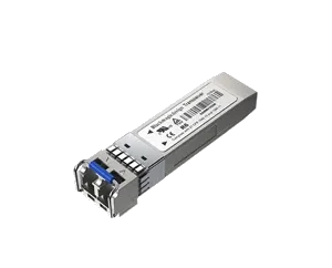 Módulo transceptor óptico SFP metálico compacto de Blackmagic Design para señales 3G-SDI, con palanca de liberación azul y conectores de fibra óptica protegidos.