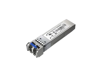 Módulo transceptor óptico SFP metálico compacto de Blackmagic Design para señales 3G-SDI, con palanca de liberación azul y conectores de fibra óptica protegidos.