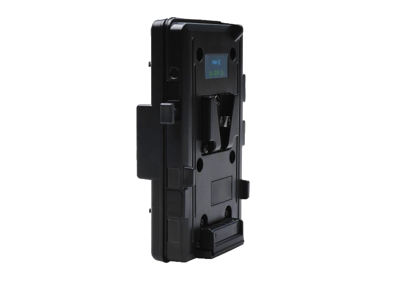 Placa de montaje de batería profesional Pro-X A-GP-S en color negro, con sistema de anclaje V-Mount, conectores de alimentación de 4 pines y estructura de policarbonato resistente para equipos de vídeo.