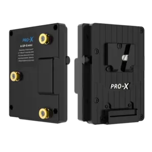 Placa adaptadora compacta Pro-X A-GP-S mini en color negro. Se muestra tanto la parte posterior con los tres pernos dorados de conexión para soportes Gold Mount, como la parte frontal con la montura en V para baterías V-Mount.