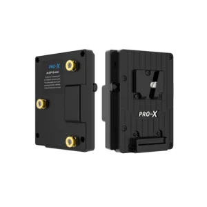 Placa adaptadora compacta Pro-X A-GP-S mini en color negro. Se muestra tanto la parte posterior con los tres pernos dorados de conexión para soportes Gold Mount, como la parte frontal con la montura en V para baterías V-Mount.