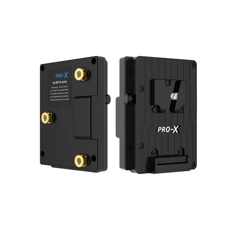 Placa adaptadora compacta Pro-X A-GP-S mini en color negro. Se muestra tanto la parte posterior con los tres pernos dorados de conexión para soportes Gold Mount, como la parte frontal con la montura en V para baterías V-Mount.