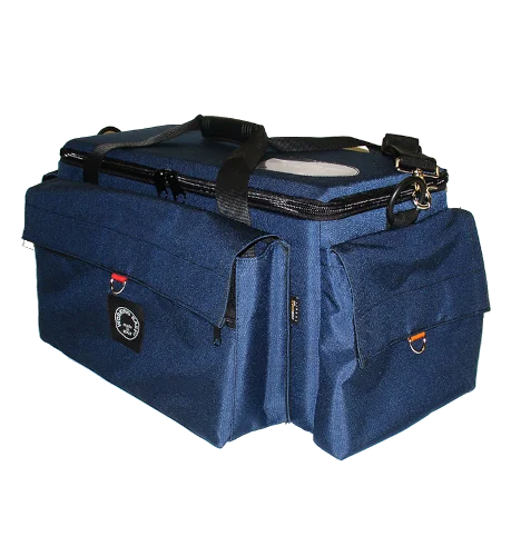 Maleta de transporte profesional en color azul de la marca Working Easy, fabricada en tejido técnico de alta resistencia con múltiples bolsillos externos y correa de hombro reforzada para equipos audiovisuales.