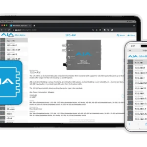 Visualización de la aplicación AJA Mini-Matrix en una tablet y un smartphone, mostrando el catálogo interactivo de mini-conversores AJA con filtros de búsqueda, especificaciones detalladas y comparativas de producto.