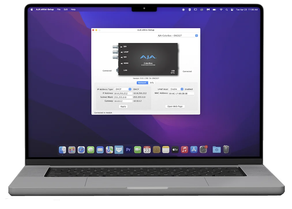 Interfaz del software AJA eMini-Setup abierta en un ordenador portátil, mostrando los campos de configuración de dirección IP, máscara de subred y puerta de enlace para un procesador AJA ColorBox conectado.