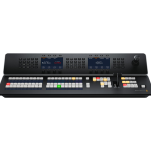 Panel de control profesional extendido Blackmagic Design ATEM 1 M/E Advanced Panel 20 en color negro, con 20 botones de selección de fuente, doble pantalla LCD de monitorización, palanca T-bar y joystick para control PTZ.