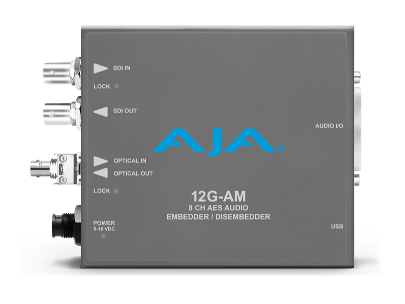 Conversor AJA 12G-AM-R-ST para extracción profesional de audio embebido 12G-SDI mediante fibra ST.