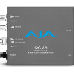 Conversor AJA 12G-AM-T-ST para inserción de audio embebido 12G-SDI mediante conectividad ST.