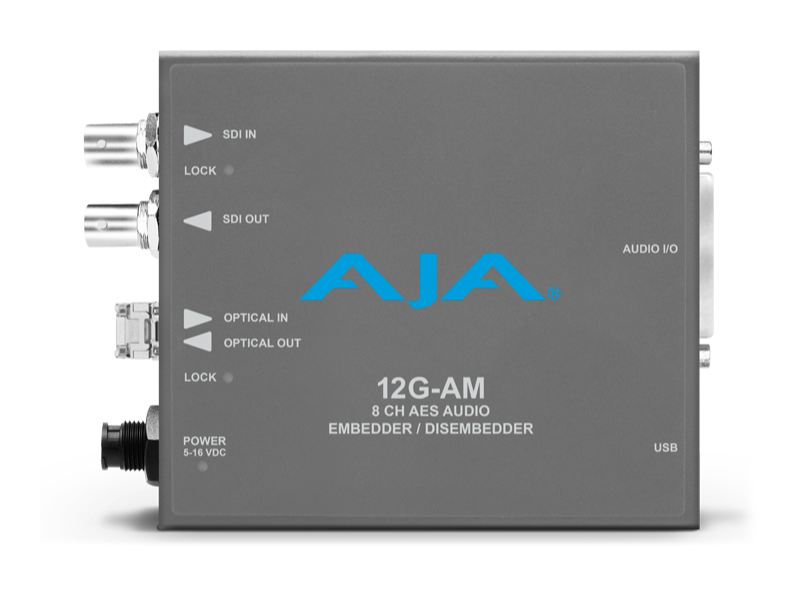 Conversor AJA 12G-AM-T para inserción profesional de audio embebido en señales 12G-SDI.