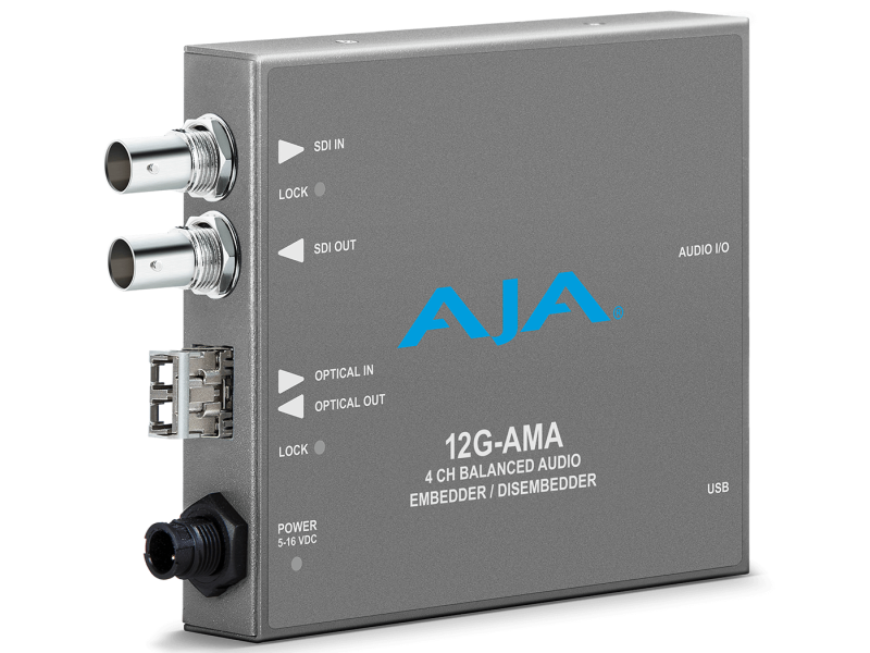 Conversor AJA 12G-AMA-R para extracción profesional de audio analógico desde señales 12G-SDI.