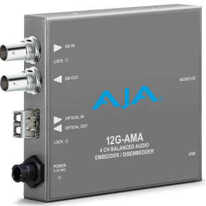 Conversor AJA 12G-AMA-T para inserción de audio analógico en señales 12G-SDI profesionales.