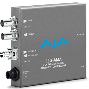 Conversor AJA 12G-AMA-T-ST para inserción de audio analógico en señales 12G-SDI mediante fibra ST.