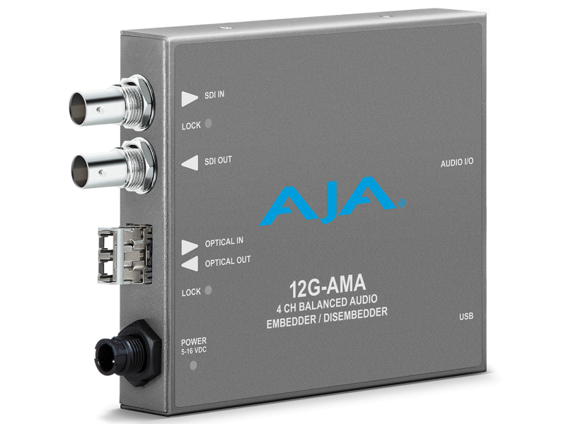 Conversor AJA 12G-AMA-T para inserción de audio analógico en señales 12G-SDI profesionales.