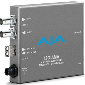 Conversor bidireccional AJA 12G-AMA-TR para gestión profesional de audio analógico y 12G-SDI.