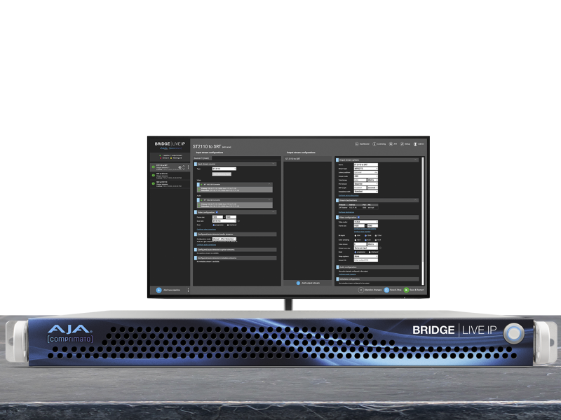 Plataforma AJA BRIDGE LIVE IP para codificación, streaming y transporte profesional de vídeo sobre redes IP.