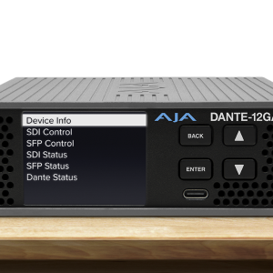Conversor AJA DANTE-12GAM para integración de audio Dante y señales 12G-SDI profesionales.