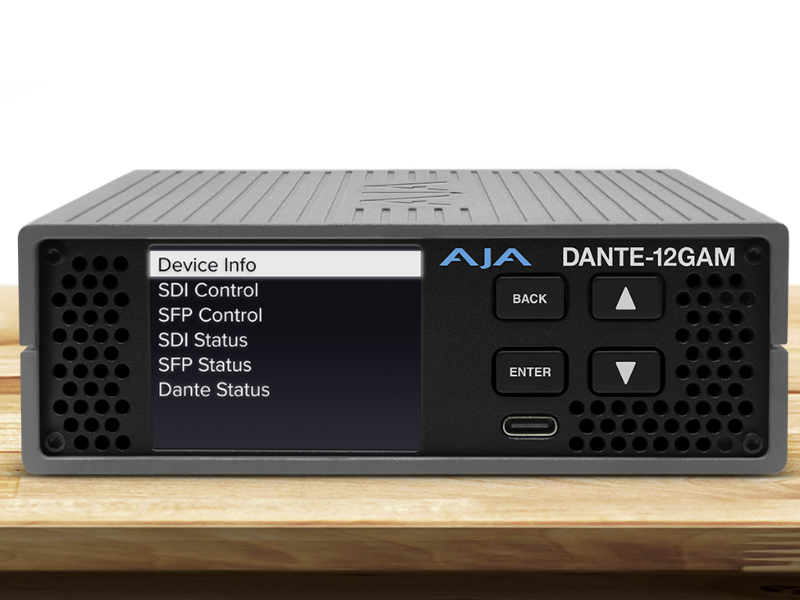 Conversor AJA DANTE-12GAM para integración de audio Dante y señales 12G-SDI profesionales.