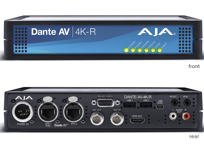 Receptor AJA Dante AV 4K-R para transmisión profesional de vídeo IP 4K sobre redes Dante AV.