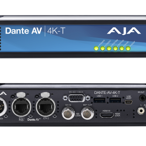 Transmisor AJA Dante AV 4K-T para distribución profesional de vídeo IP 4K mediante redes Dante AV.