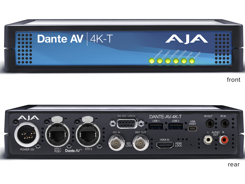 Transmisor AJA Dante AV 4K-T para distribución profesional de vídeo IP 4K mediante redes Dante AV.