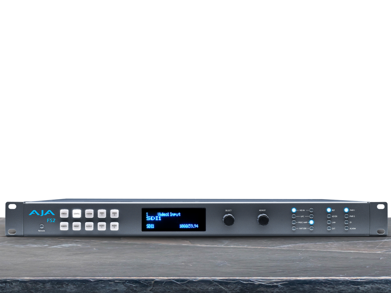 Conversor y sincronizador AJA FS-2 para gestión profesional de señales de vídeo HD y SD.
