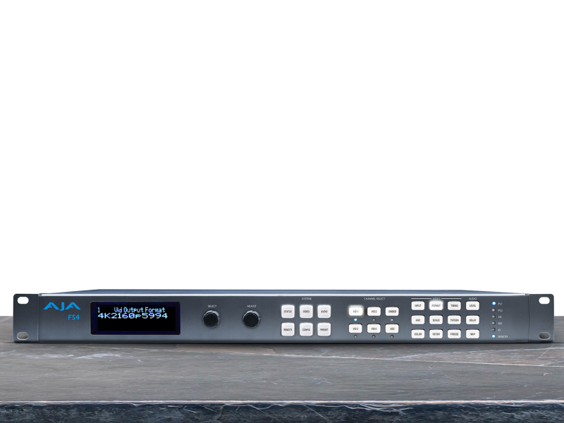 Sistema AJA FS-4 para sincronización y conversión multicanal de señales UHD y 4K profesionales.