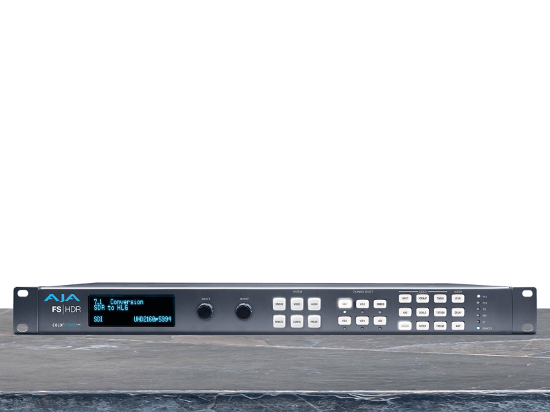 Conversor HDR AJA FS-HDR con sincronización avanzada de señal para producción broadcast y postproducción.