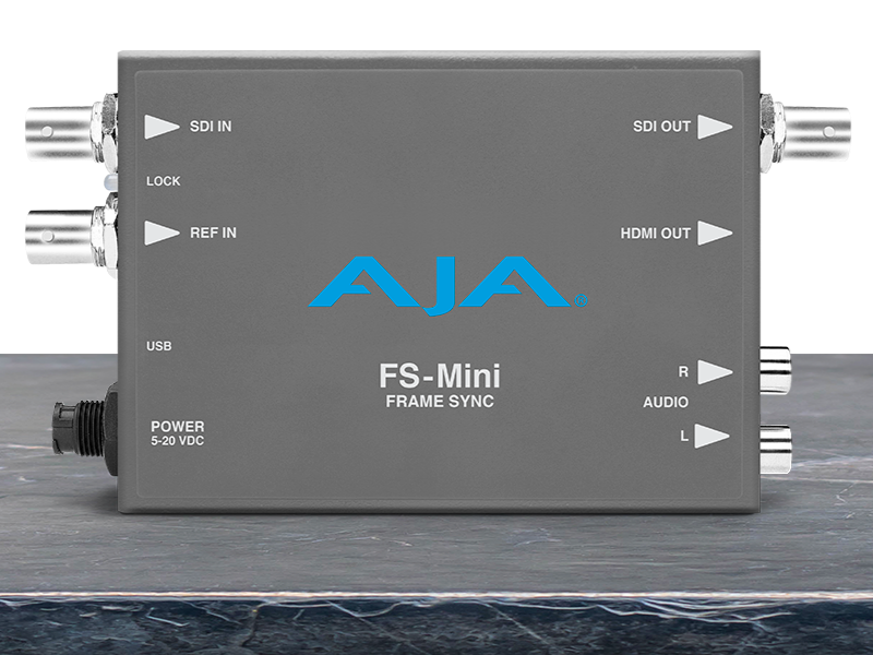 Conversor compacto AJA FS-Mini para sincronización y procesamiento profesional de señales de vídeo broadcast.
