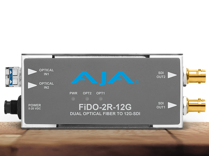 Receptor AJA FiDO-2R-12G para recepción dual de señales 12G-SDI mediante fibra óptica.