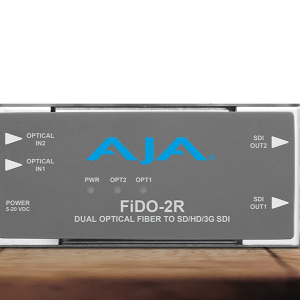 Receptor AJA FiDO-2R para recepción dual de señales SDI mediante fibra óptica profesional.