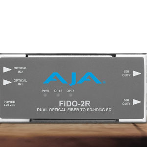 Conversor AJA FiDO-2R-MM para recepción dual de señales SDI mediante fibra óptica multimodo.