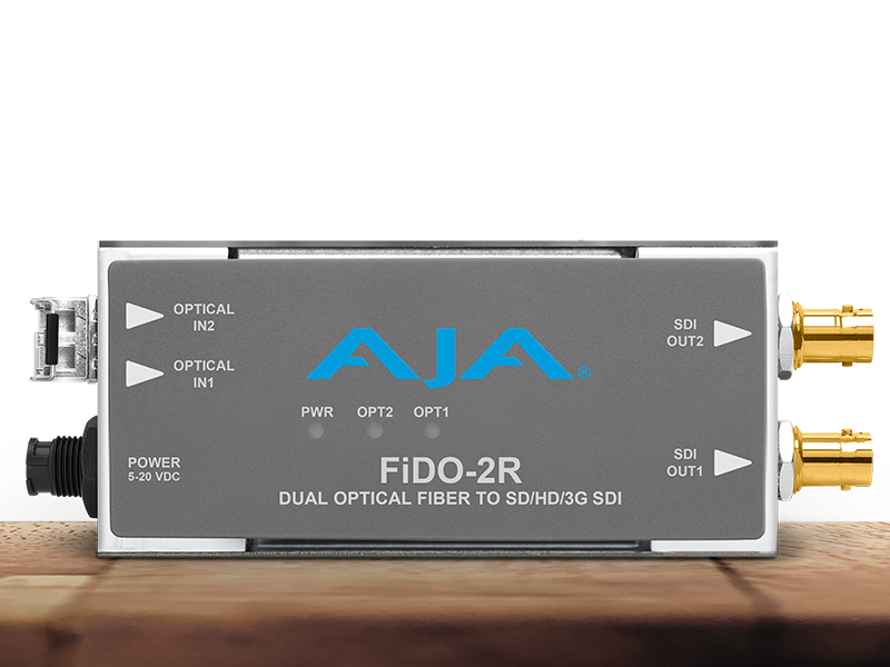 Conversor AJA FiDO-2R-MM para recepción dual de señales SDI mediante fibra óptica multimodo.