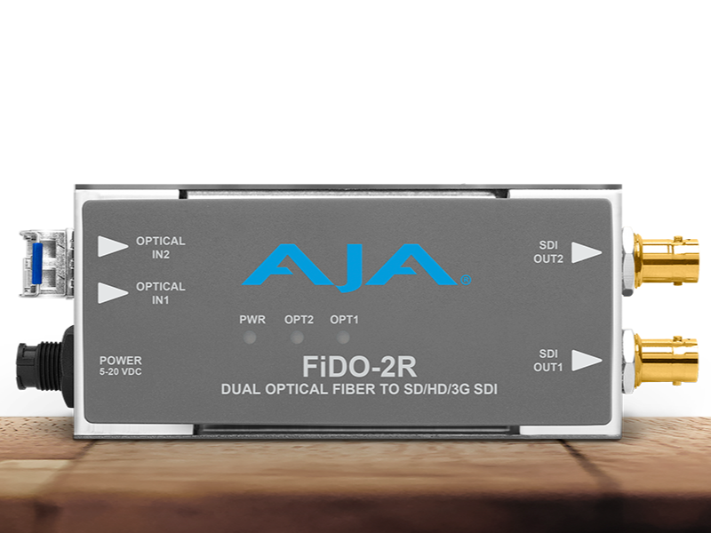 Receptor AJA FiDO-2R para recepción dual de señales SDI mediante fibra óptica profesional.