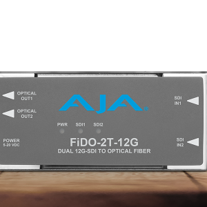 Transmisor AJA FiDO-2T-12G para transporte dual de señales 12G-SDI mediante fibra óptica.