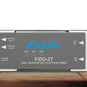 Transmisor AJA FiDO-2T para transporte dual de señales SDI mediante fibra óptica broadcast.