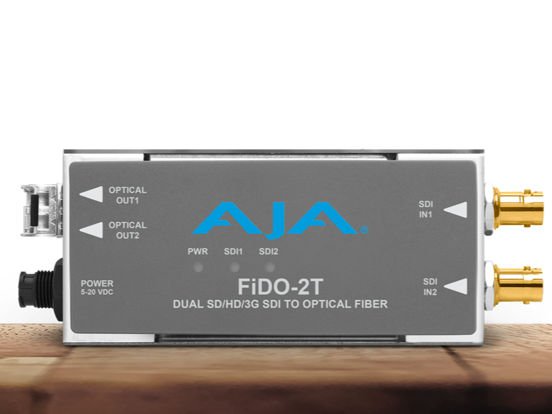 Transmisor AJA FiDO-2T-MM para envío dual de señales SDI mediante fibra óptica multimodo.