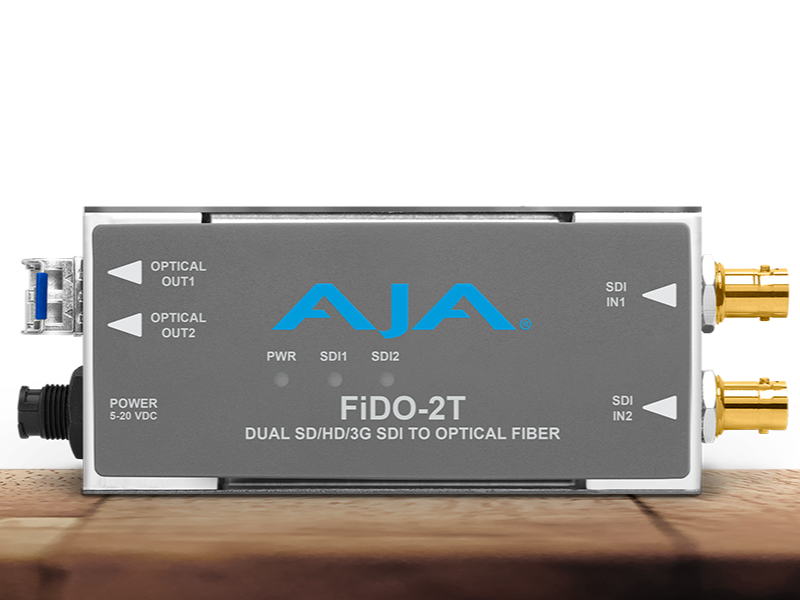 Transmisor AJA FiDO-2T para transporte dual de señales SDI mediante fibra óptica broadcast.