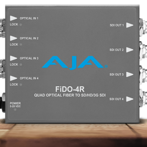 Receptor AJA FiDO-4R para recepción multicanal SDI mediante fibra óptica profesional.