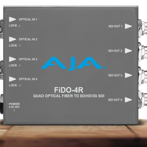Receptor AJA FiDO-4R-MM para recepción de cuatro señales SDI mediante fibra óptica multimodo.