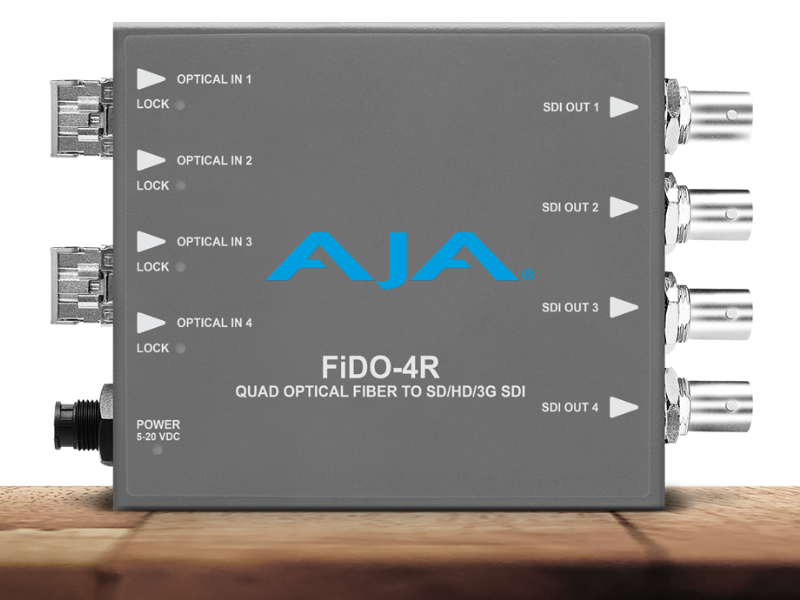 Receptor AJA FiDO-4R-MM para recepción de cuatro señales SDI mediante fibra óptica multimodo.