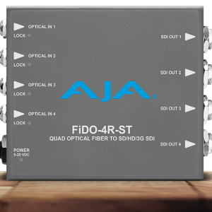Receptor AJA FiDO-4R-ST para recepción de cuatro señales SDI mediante fibra óptica ST.