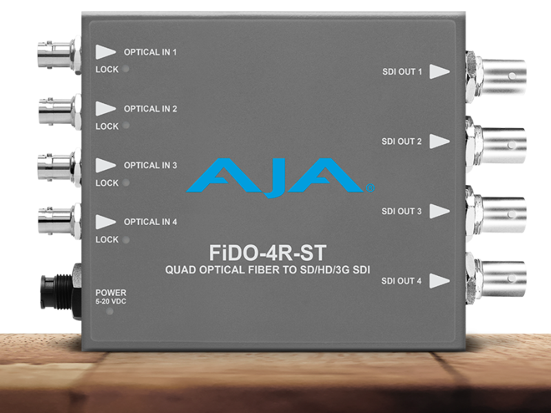 Receptor AJA FiDO-4R-ST para recepción de cuatro señales SDI mediante fibra óptica ST.