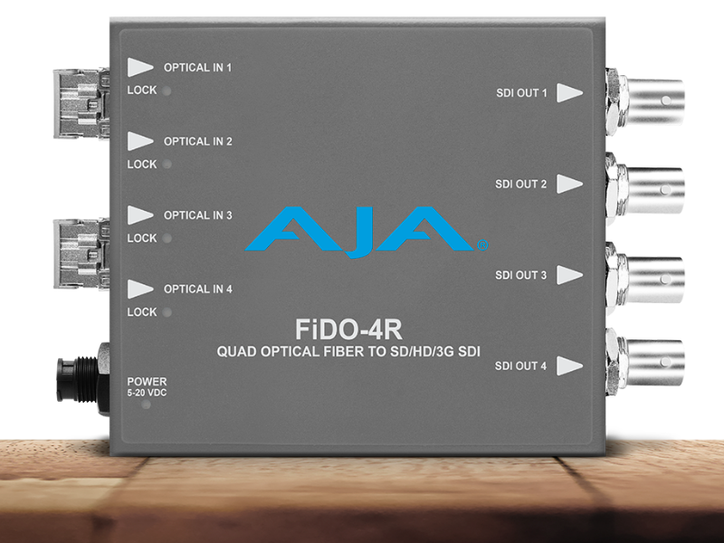 Receptor AJA FiDO-4R para recepción multicanal SDI mediante fibra óptica profesional.