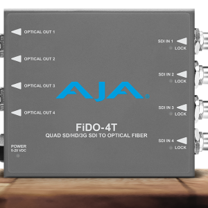Transmisor AJA FiDO-4T-MM para transporte de cuatro señales SDI mediante fibra óptica multimodo.