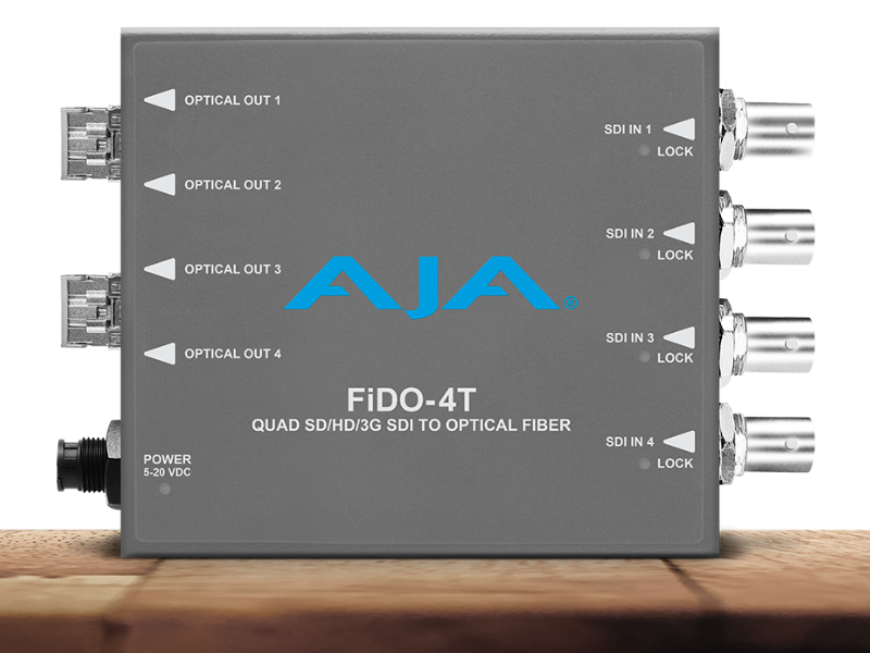 Transmisor AJA FiDO-4T-MM para transporte de cuatro señales SDI mediante fibra óptica multimodo.